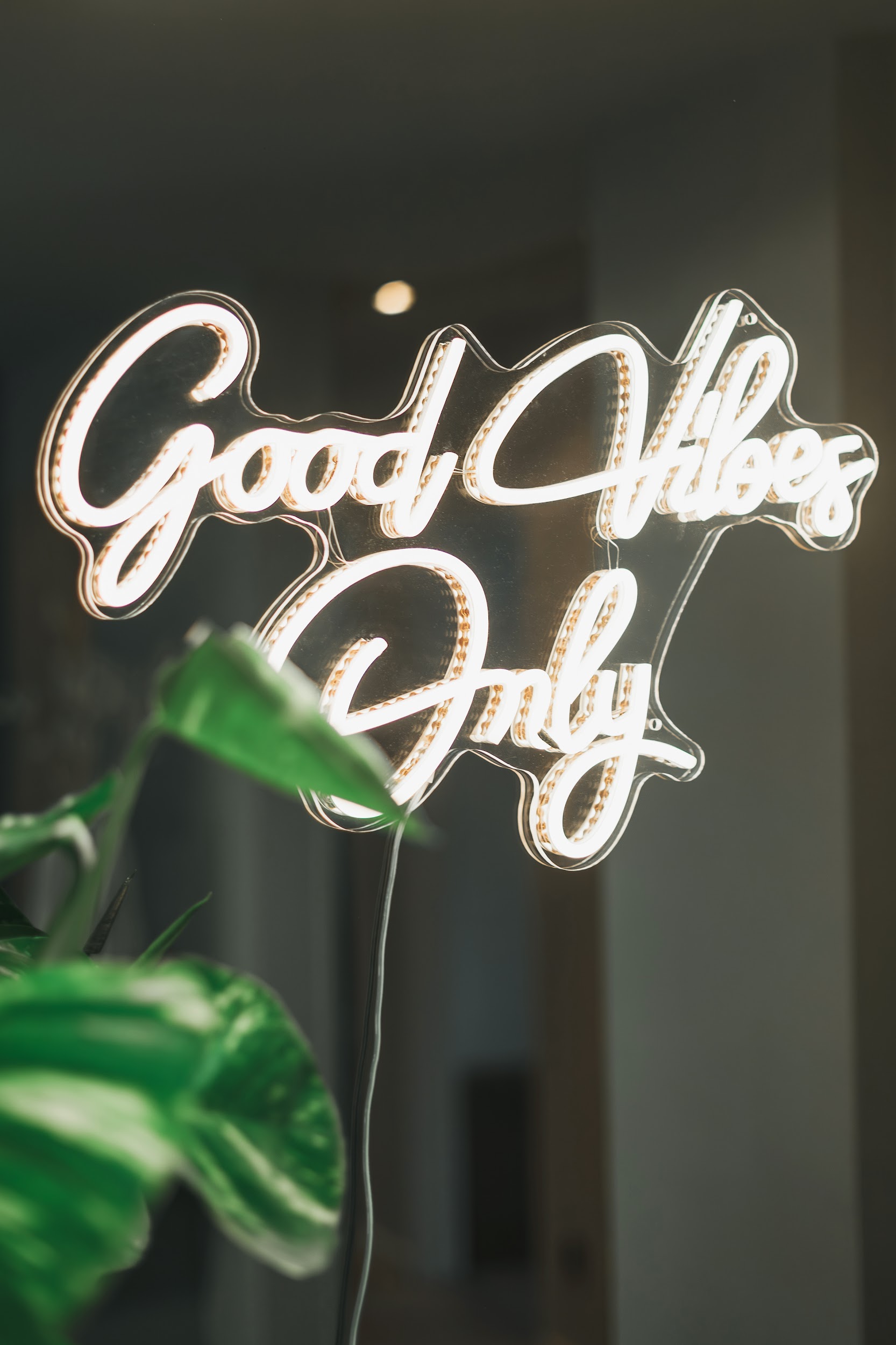 Neon-Schriftzug Good Vibes Only im Behandlungsbereich der Praxis